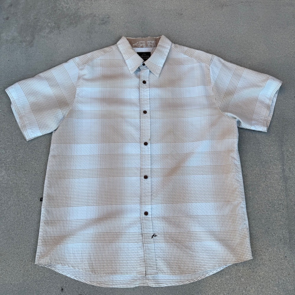 Rusty Mens Tan White Plaid Short Sleeve Button Up Surf Shirt Large RN76146